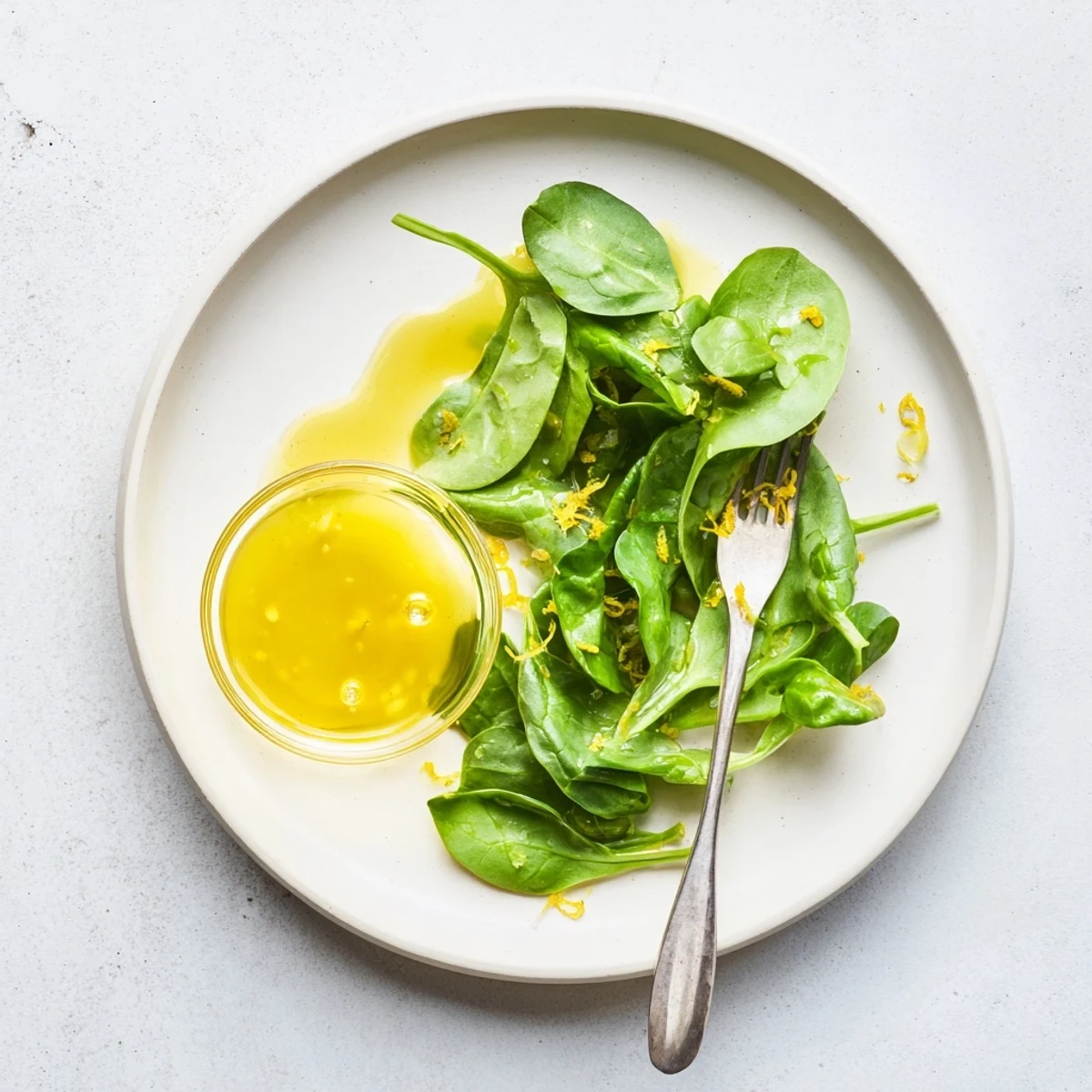 Whisked honey lemon vinaigrette in glass jar with lemon slice and fresh herbs