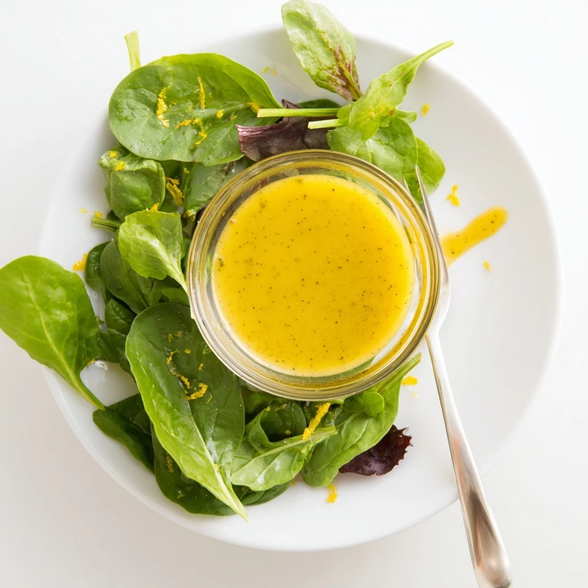 Smooth honey lemon vinaigrette dressing poured crisp mixed greens with cherry tomatoes