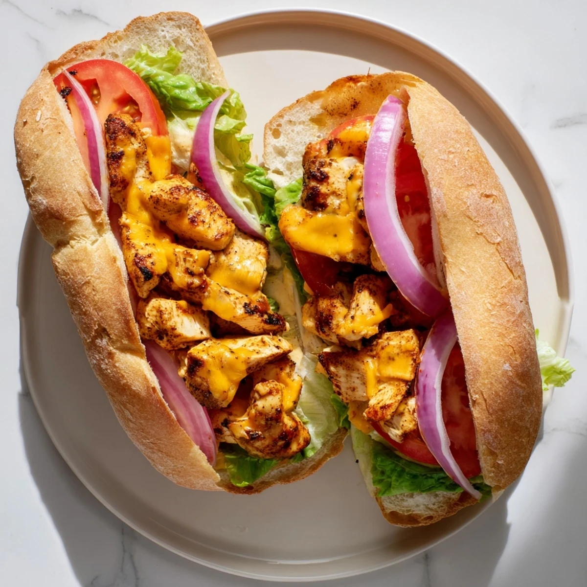 Golden melted cheddar drapes over juicy grilled chicken breast in this cheesy grilled chicken sandwich layered with crisp romaine and ripe tomato slices on toasted ciabatta