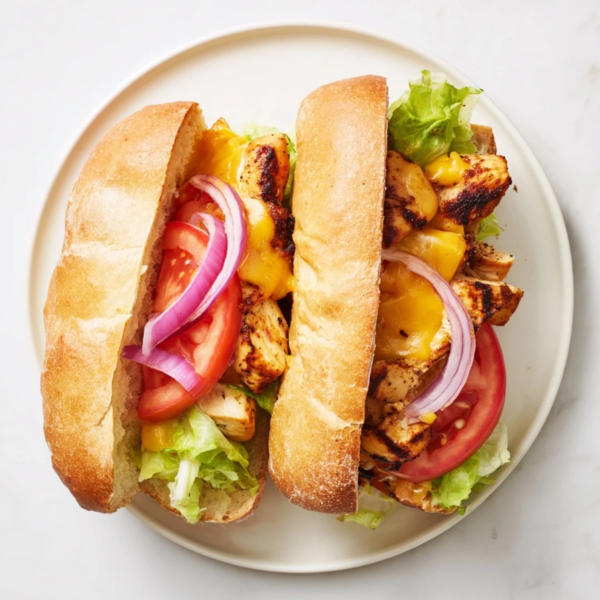 Toasted sandwich bun brims with spiced grilled chicken topped with melting cheese crisp lettuce and zesty mustard sauce in this hearty cheesy grilled chicken sandwich