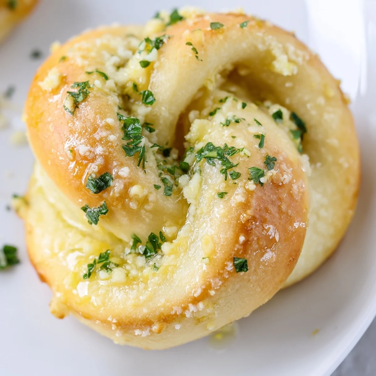 Golden gluten-free garlic knots fresh from the oven, brushed with melted garlic herb butter