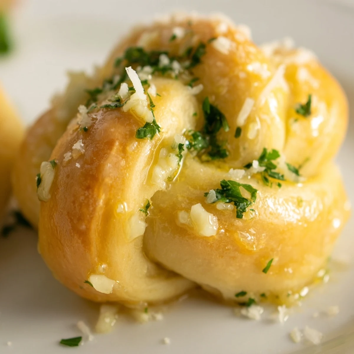 Soft pillowy gluten-free garlic knots arranged on a wooden board, garnished with parsley