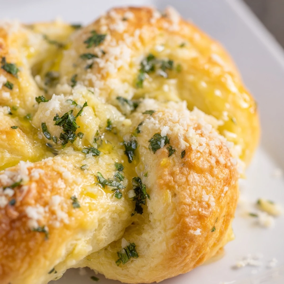 Warm gluten-free garlic knots tied in classic knot shapes, glistening with garlic butter coating