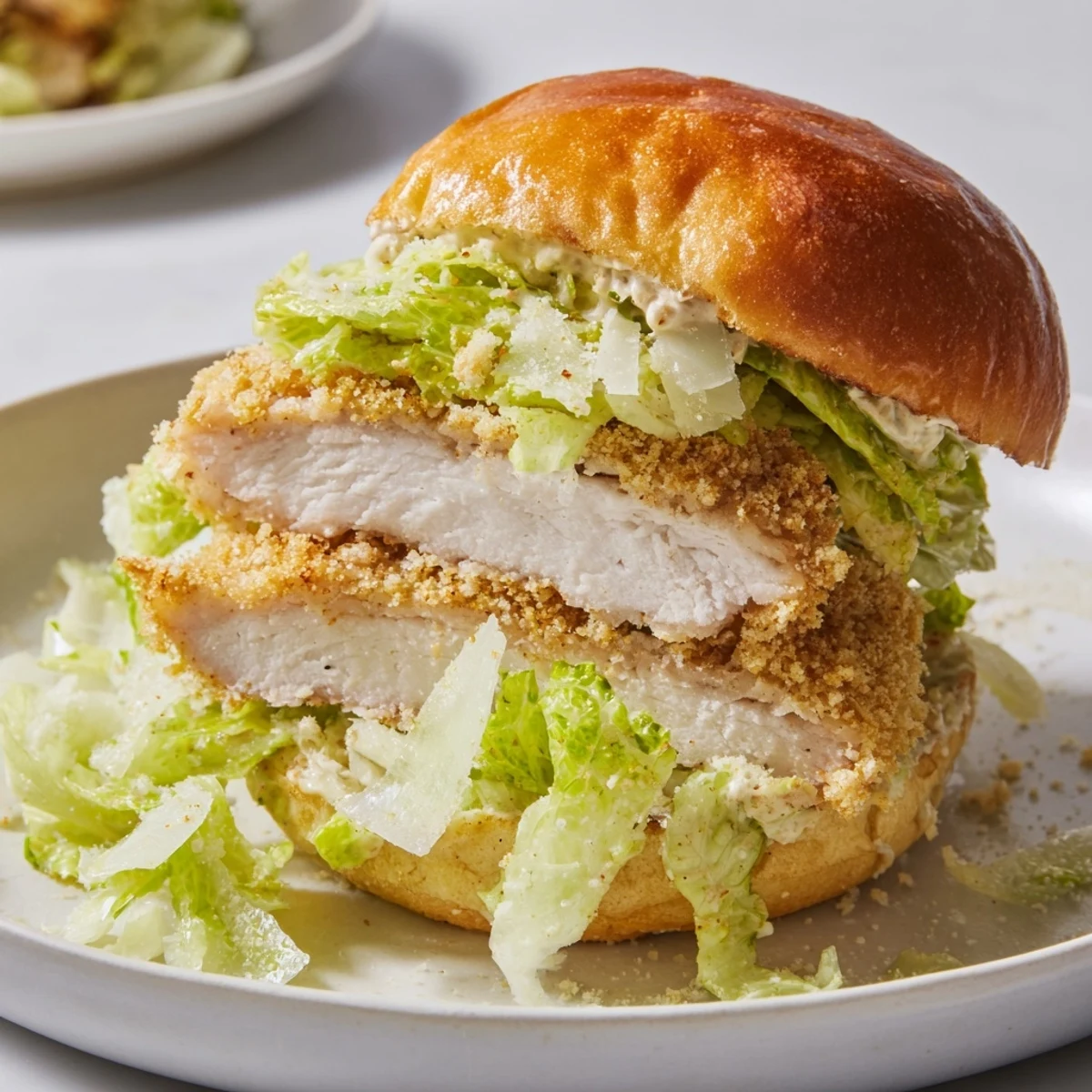 Golden brown crispy chicken Caesar sandwich layered with romaine lettuce on toasted brioche bun
