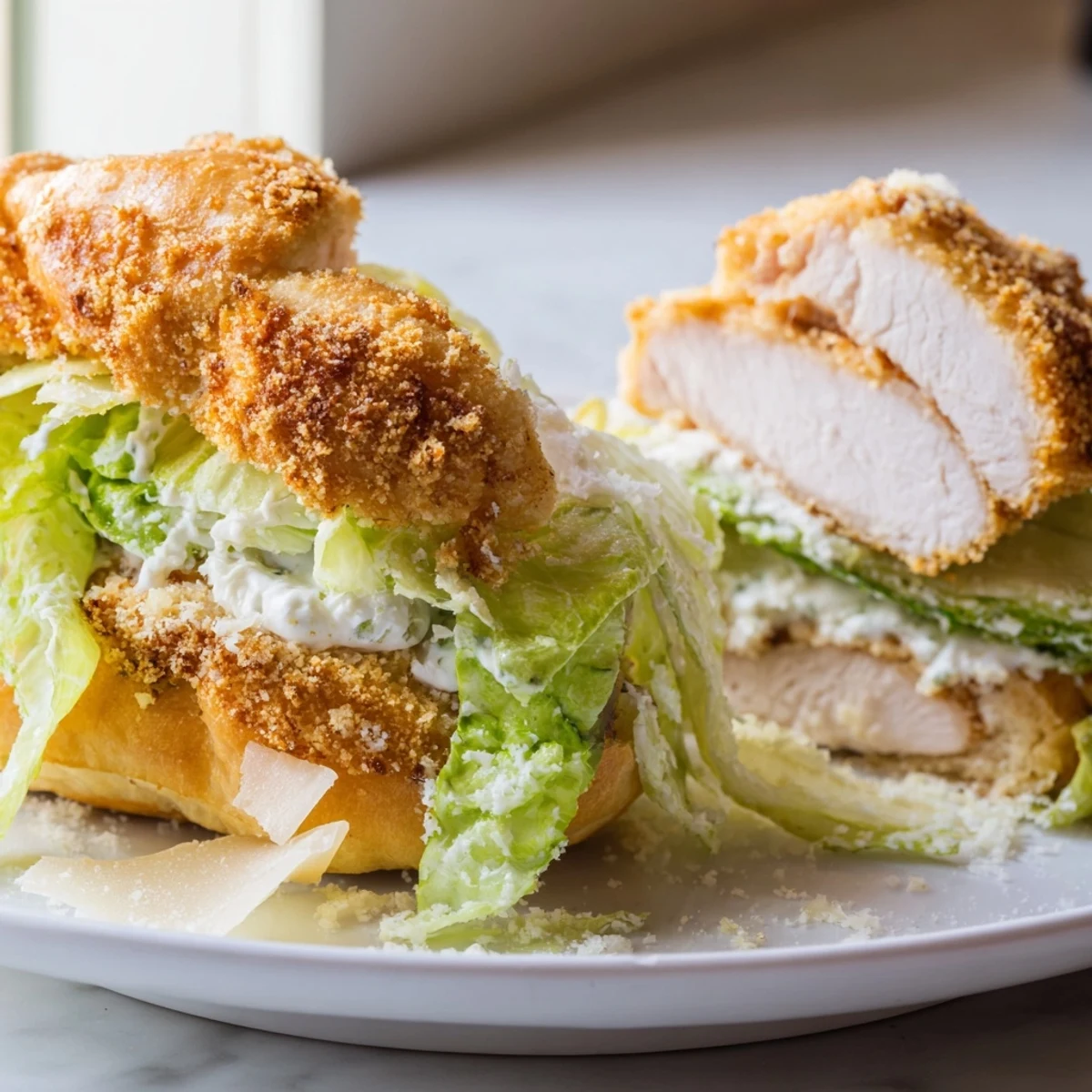 Mouthwatering crispy chicken Caesar sandwich featuring crunchy fried chicken breast with tangy Caesar dressing