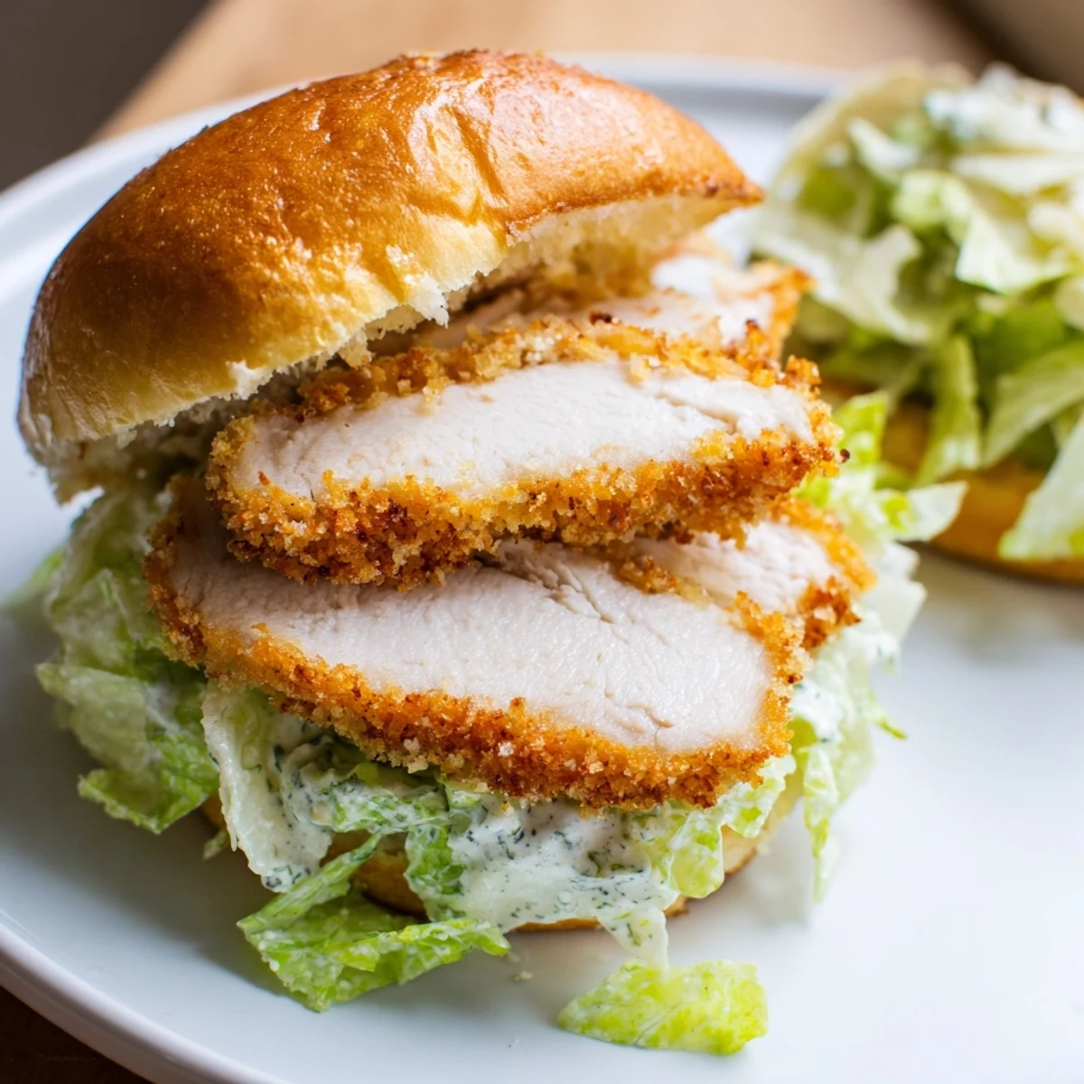 Toasted sandwich bun filled with crispy chicken fillet, shredded romaine, and shaved Parmesan cheese