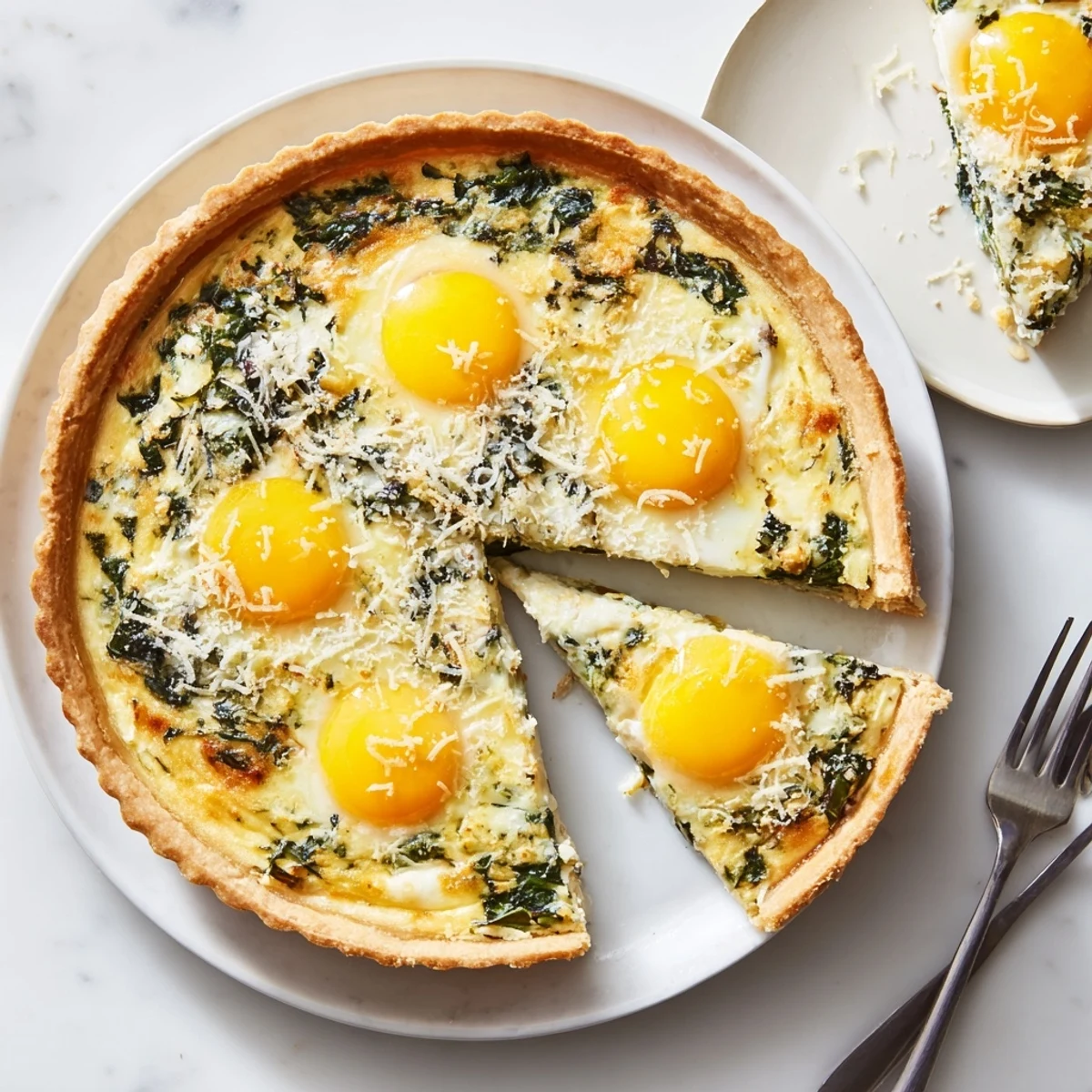 Flaky pastry crust Easter tart featuring rich ricotta, spinach, and perfectly baked whole eggs