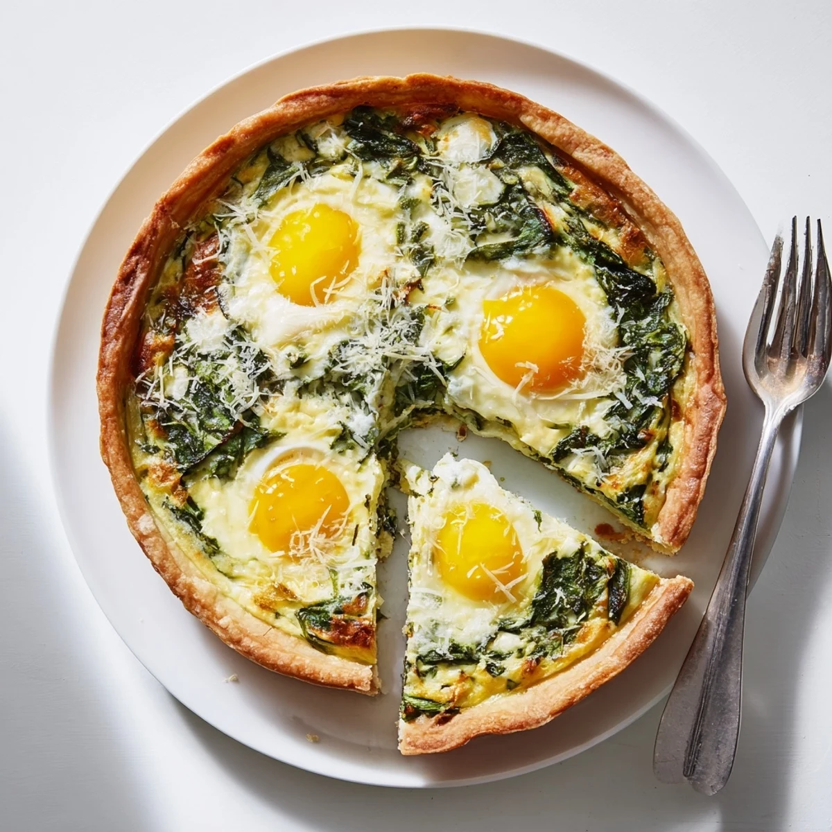 Savory Italian Easter tart with tender crust, creamy spinach ricotta, and golden whole egg yolks