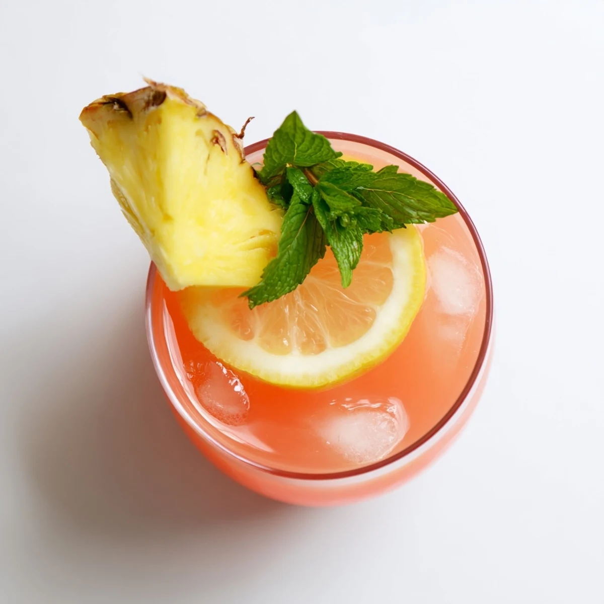 Tropical pineapple pink lemonade displaying a beautiful pink hue in a mason jar with fresh strawberries and mint sprigs on wooden table