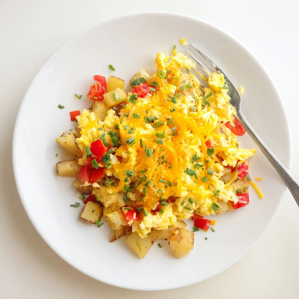 Hearty breakfast cheesy potato egg scramble topped with fresh chives in a bowl