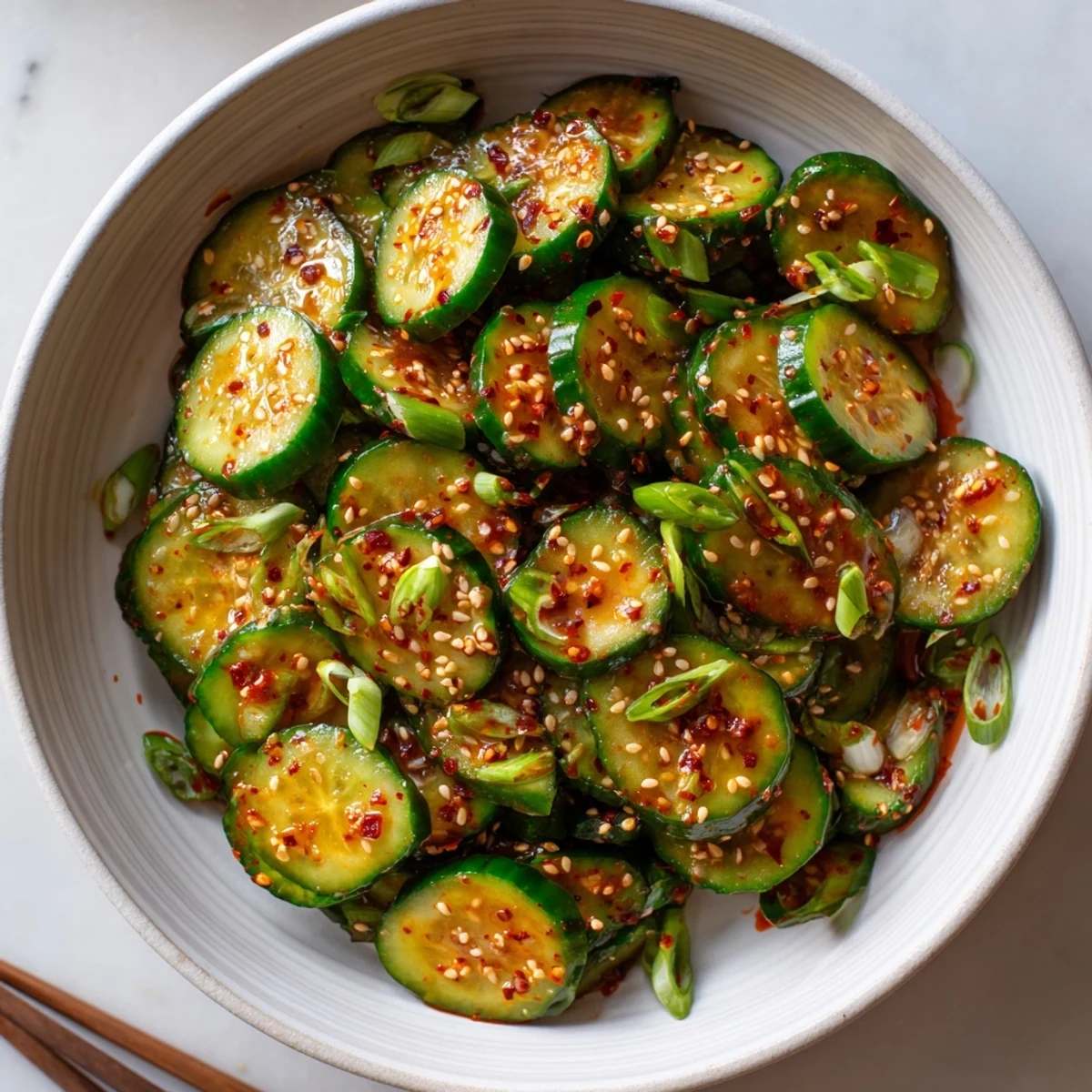Fresh Korean cucumber salad tossed in spicy-sweet chili dressing with sesame seed garnish