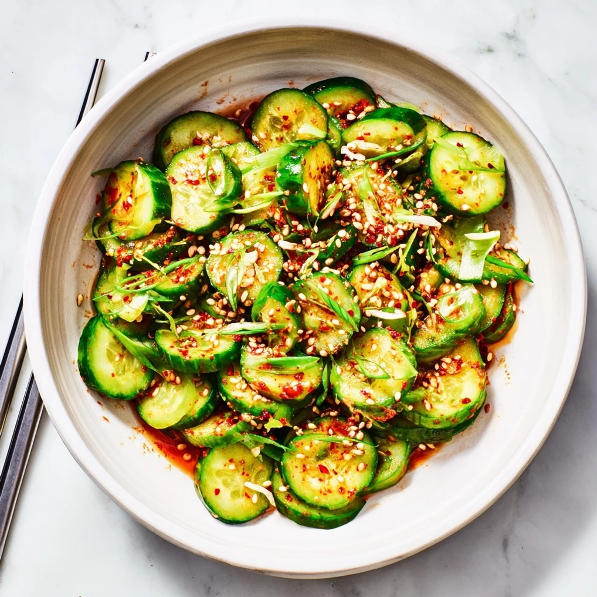 Vibrant Korean cucumber salad featuring red pepper flakes and green onions on dark background