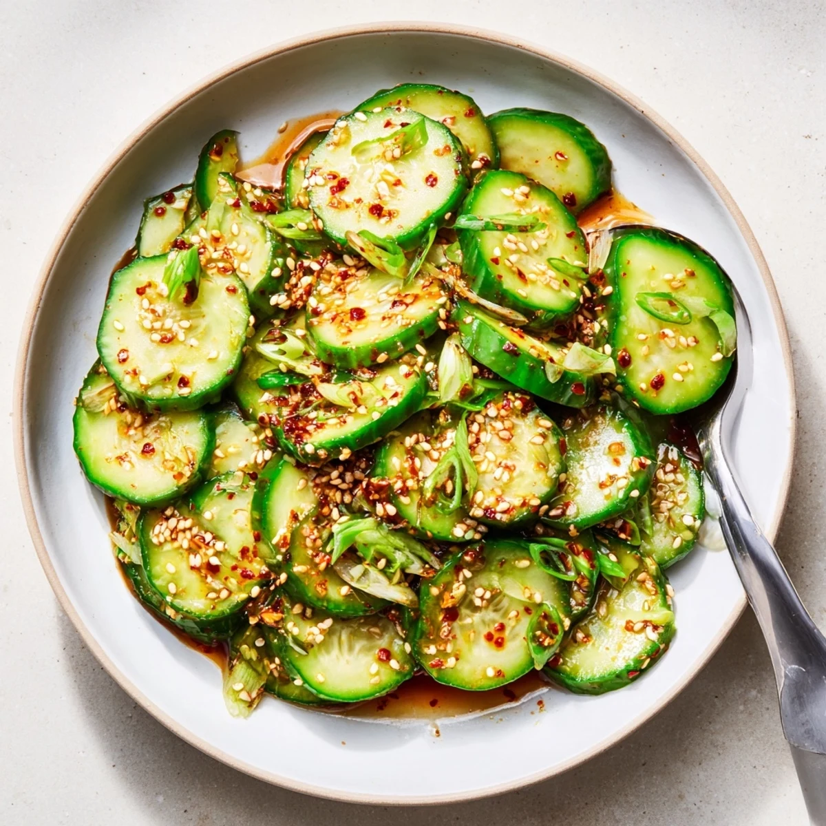 Crisp sliced cucumbers coated with gochugaru seasoning served in white bowl for BBQ side