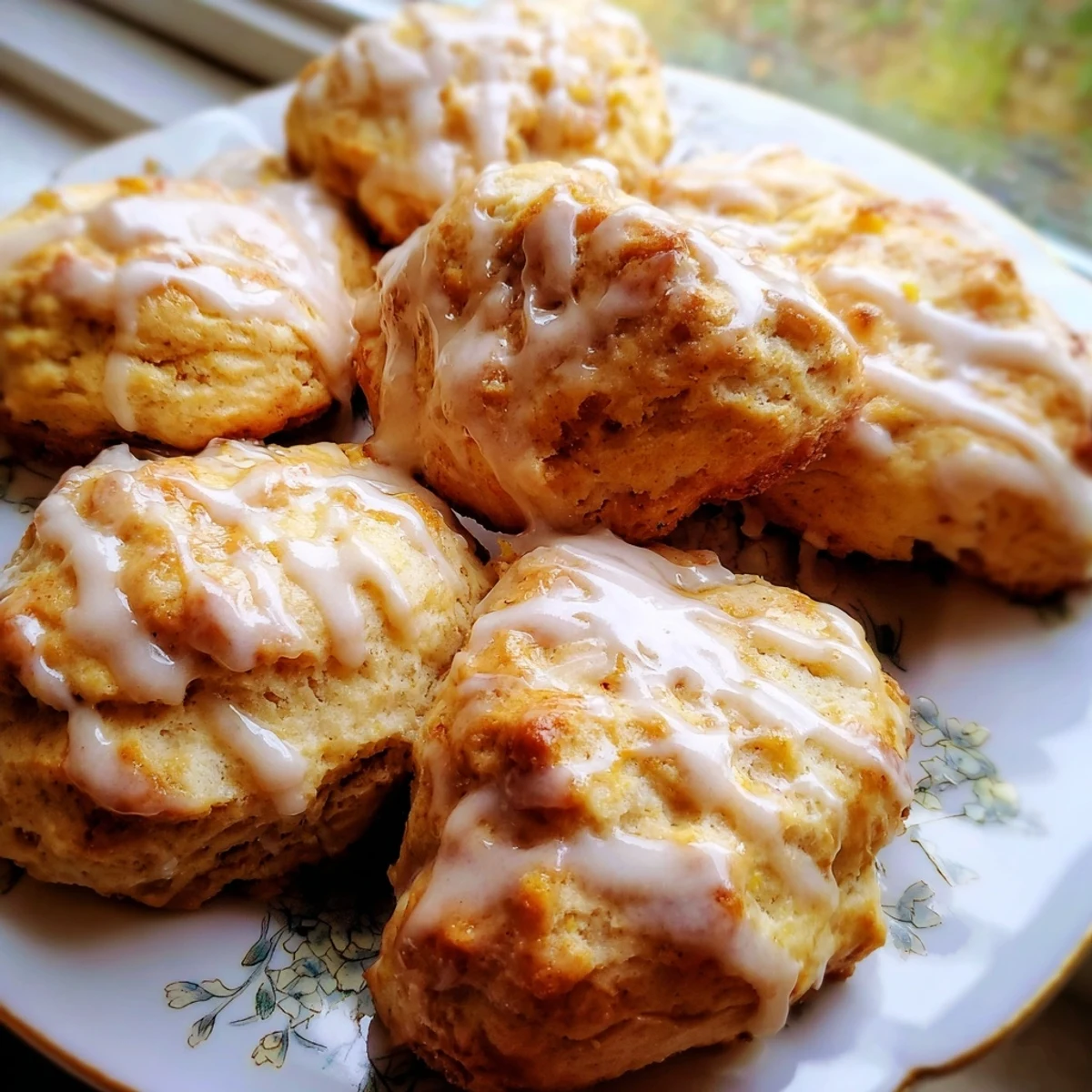 Golden peach butter swim biscuits drizzled with creamy white vanilla glaze on a serving plate