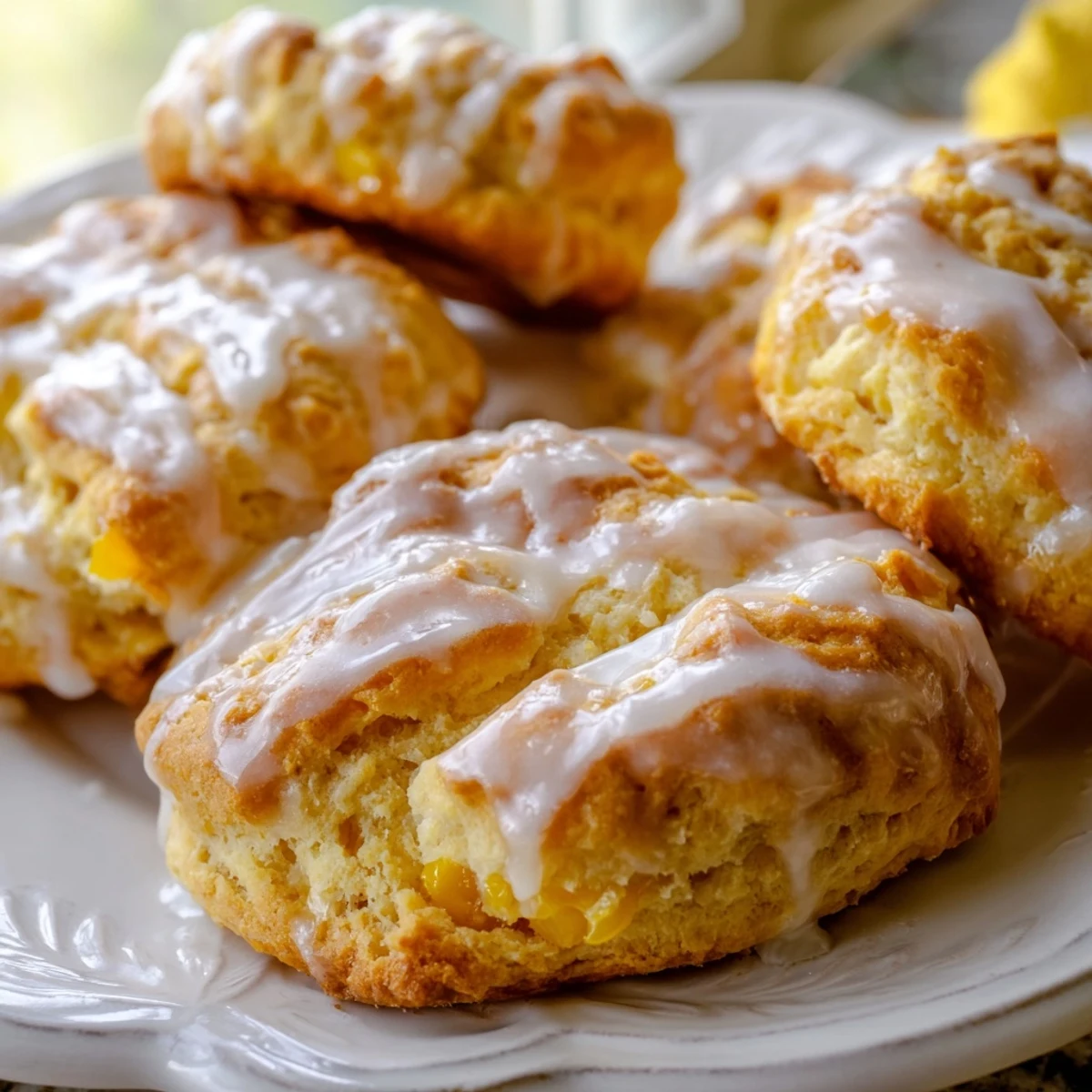 Warm buttery peach biscuits pulled apart revealing soft fluffy texture topped with vanilla icing