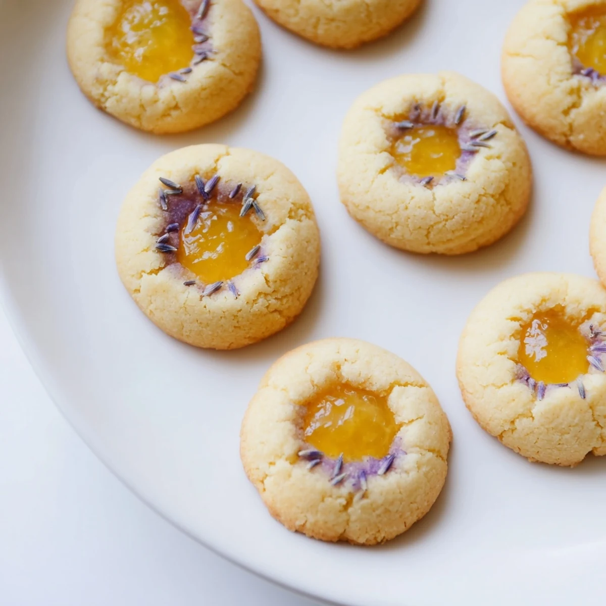 Golden lemon lavender thumbprint cookies filled with bright lemon curd on a white baking sheet