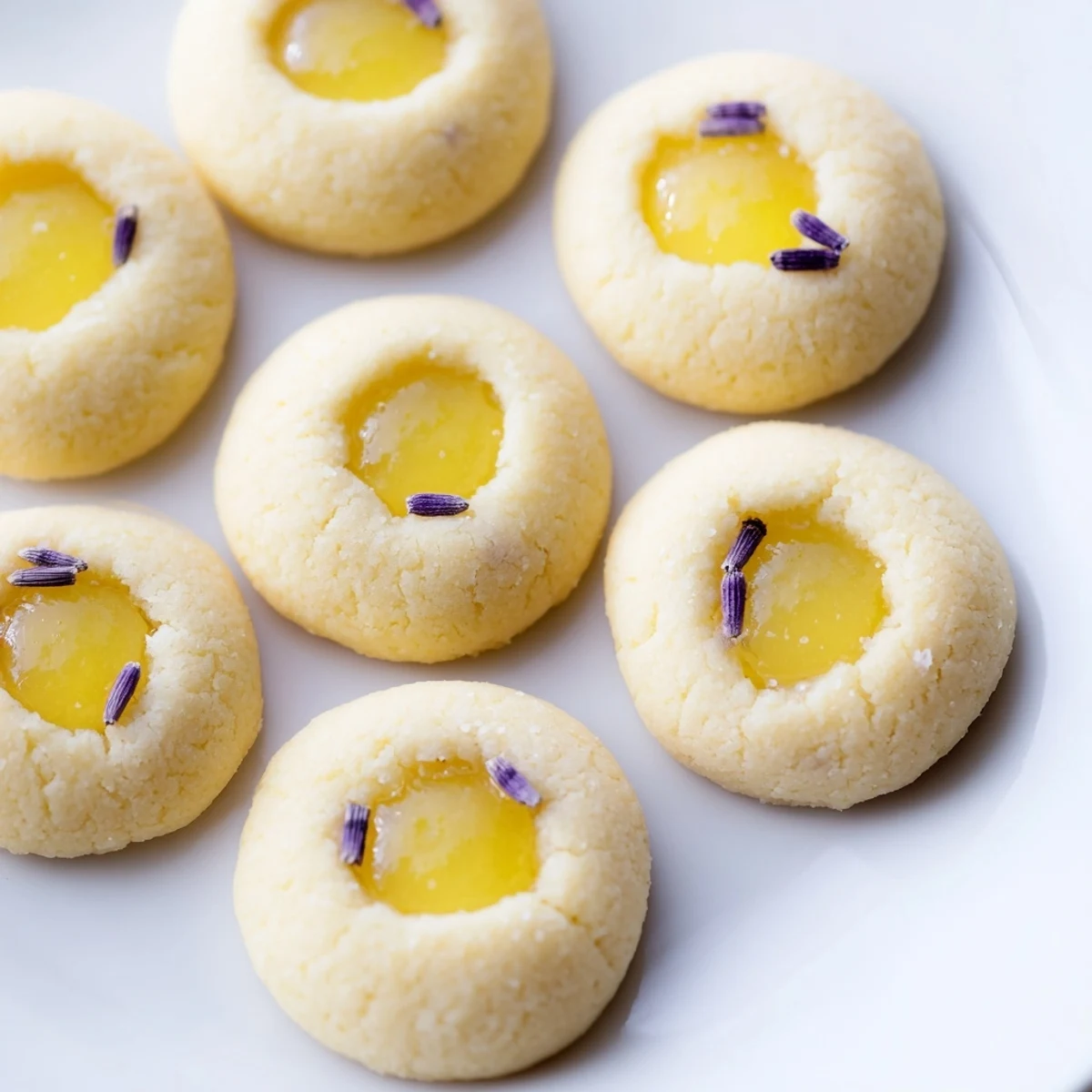 Close-up of delicate buttery lemon lavender thumbprint cookies with sweet tangy lemon curd centers