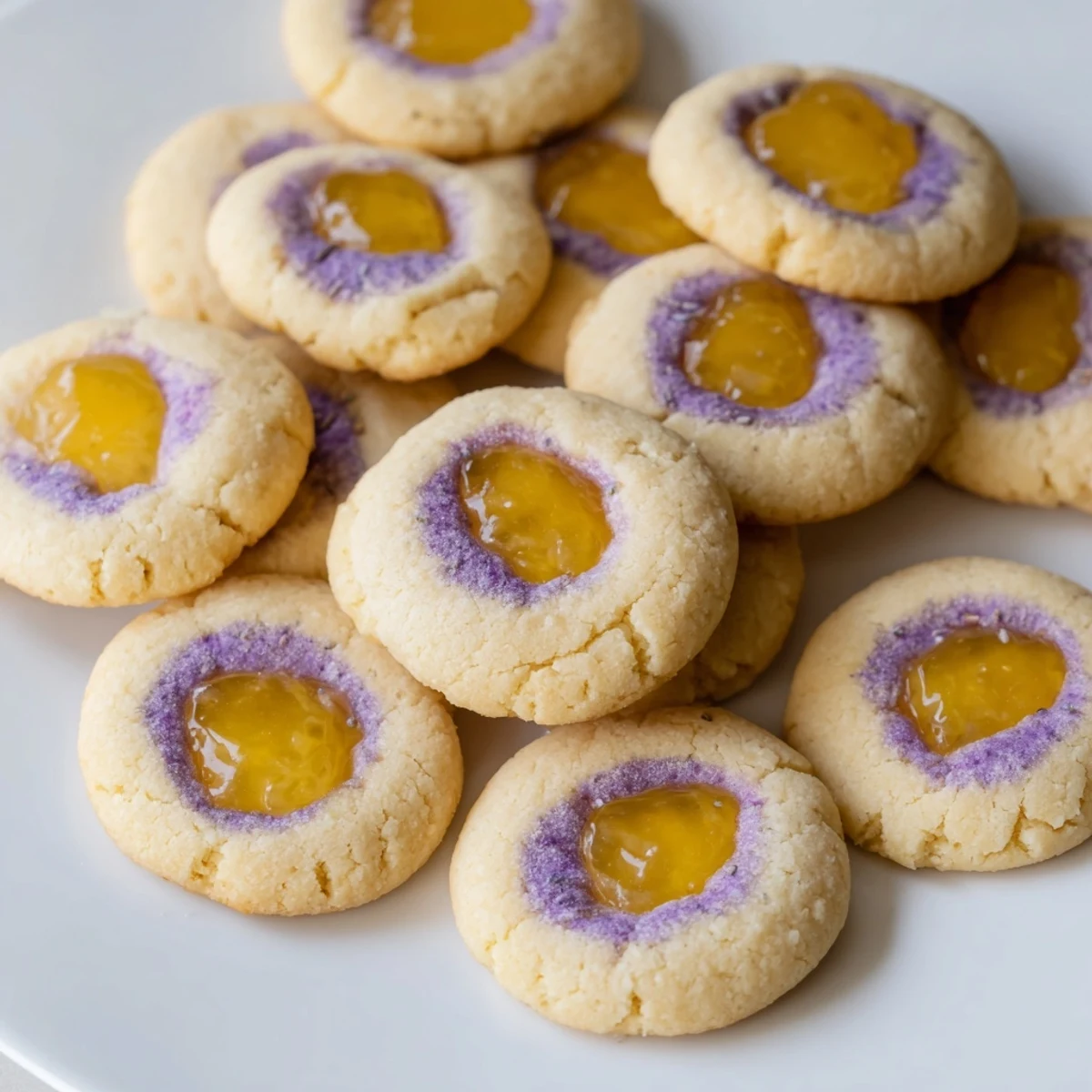 Freshly baked lemon lavender thumbprint cookies cooling on wire rack with floral citrus aroma