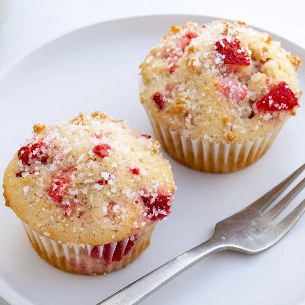 Golden bakery style fresh strawberry muffins topped with sparkling sugar on a white wire rack