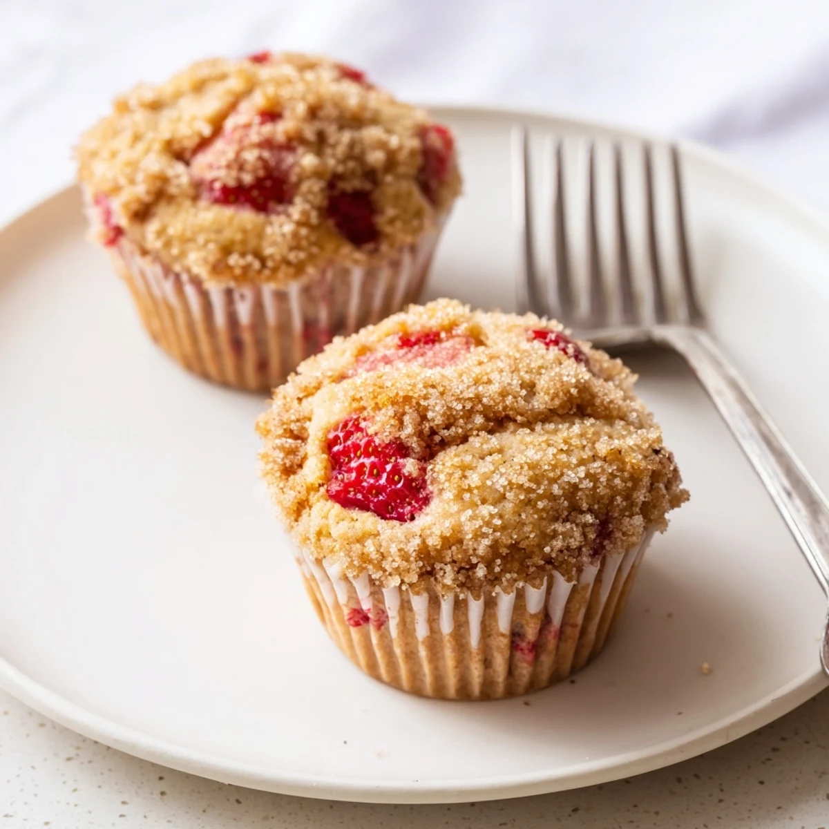 Moist fresh strawberry muffins bursting with red fruit pieces and crunchy vanilla sugar topping