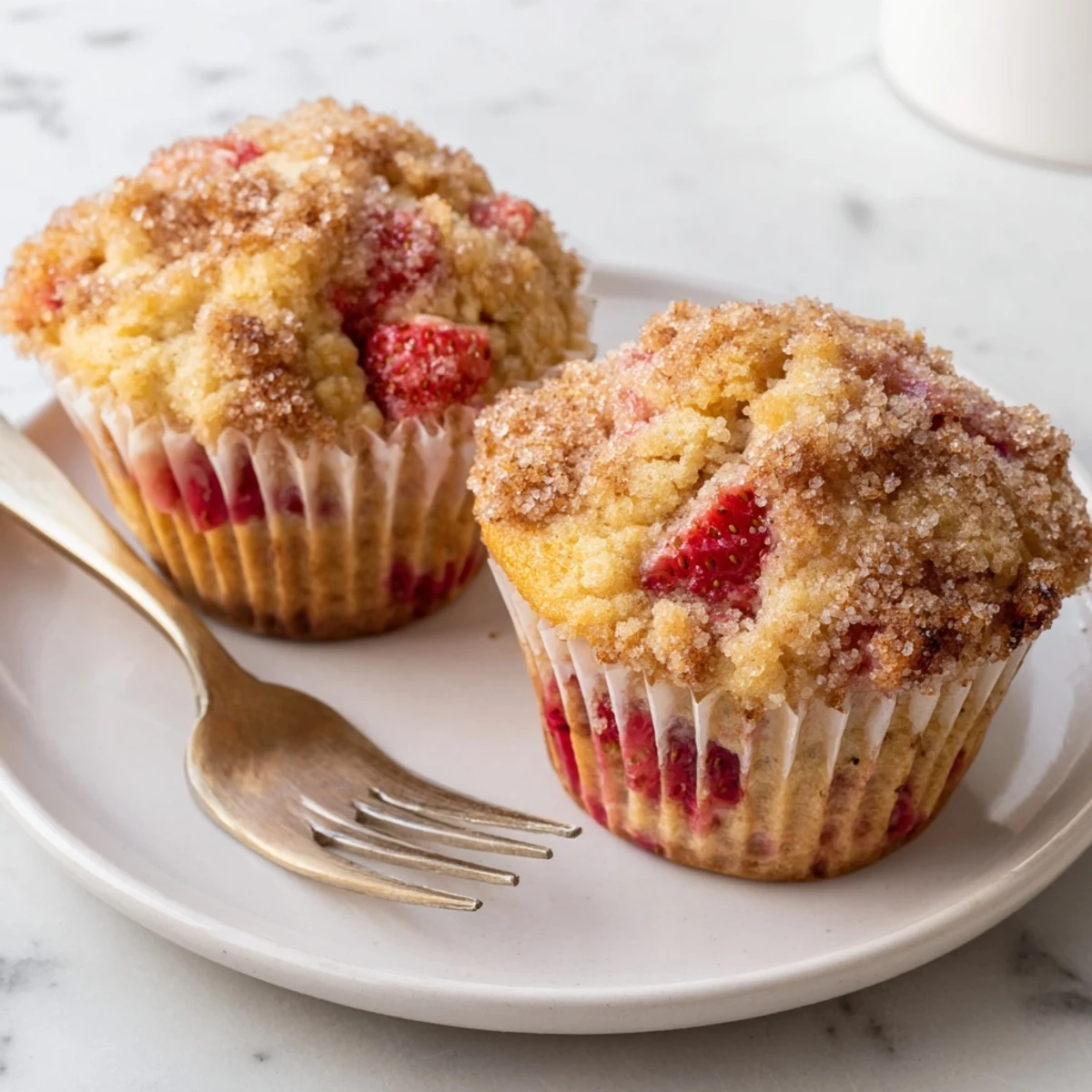 Twelve freshly baked strawberry muffins with coarse sugar crumbles cooling on a metal grid