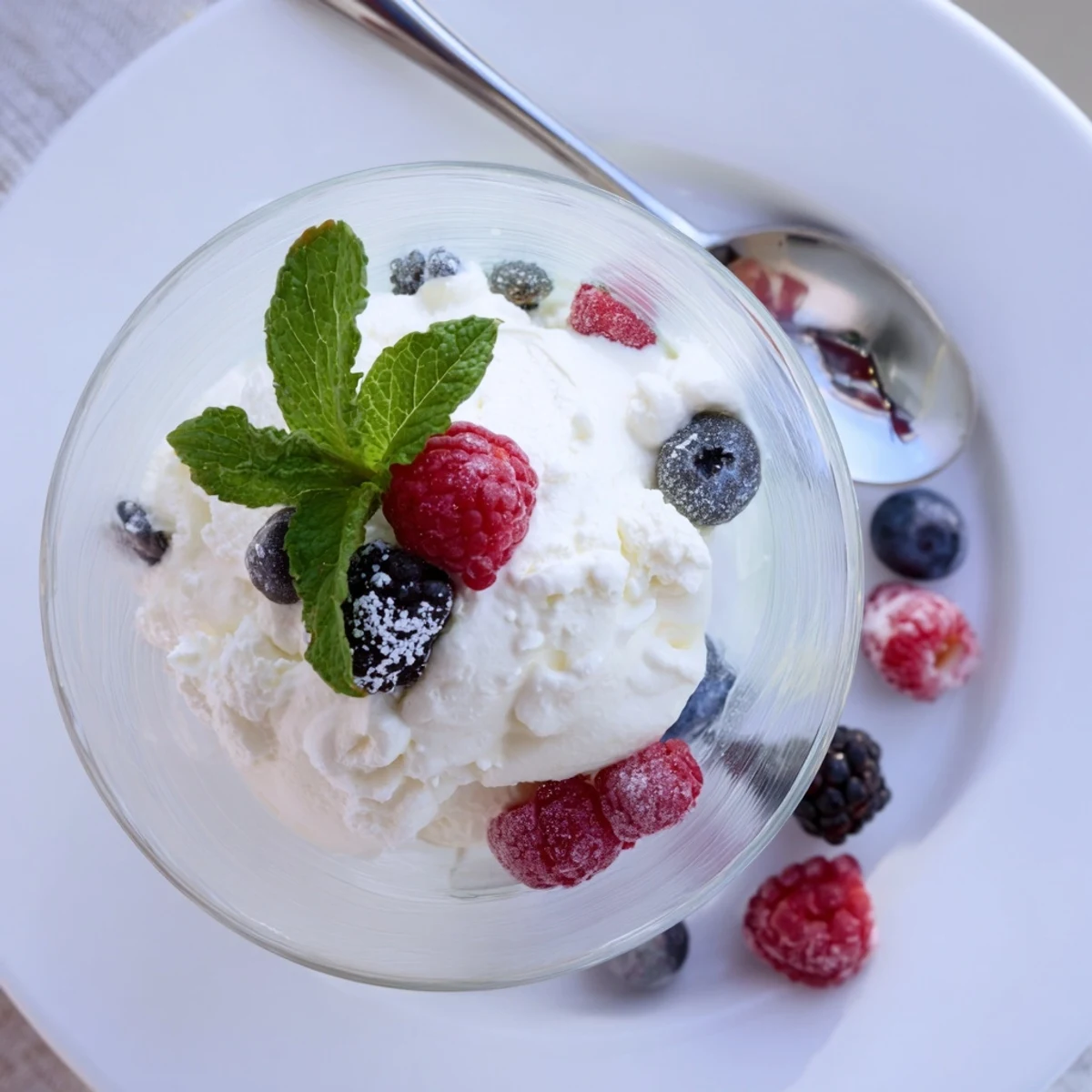Creamy no bake lemon mascarpone mousse topped with fresh berries and mint in clear glass