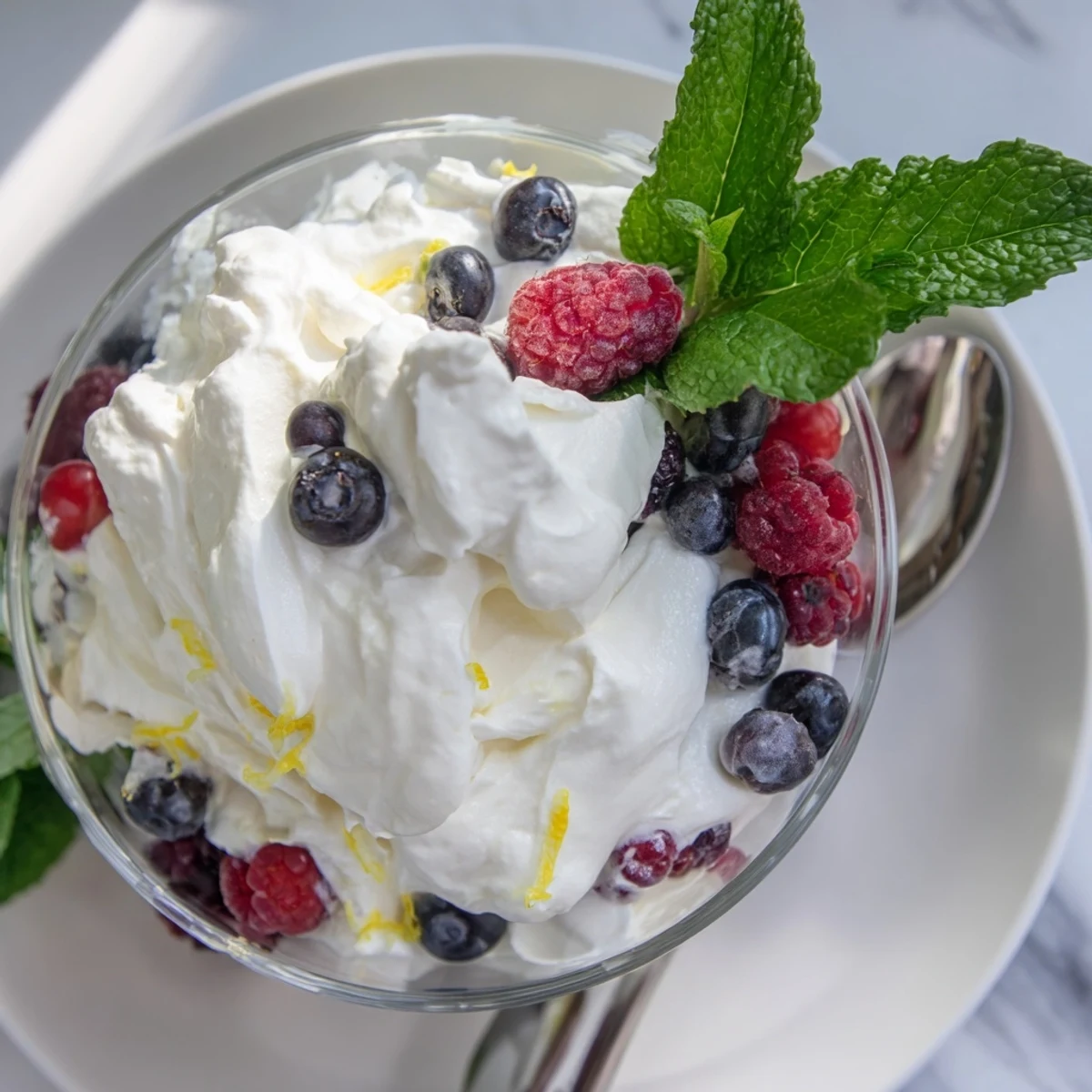 Light fluffy lemon mascarpone mousse dessert with bright yellow zest and whipped cream texture