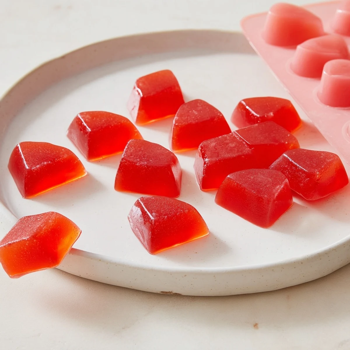 Plate of naturally sweet homemade strawberry gummies featuring a glossy, translucent texture and bright pinkish-red hue from fresh berries