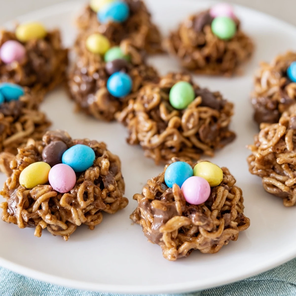 Chocolatey no bake birds nest cookies topped with colorful candy eggs on parchment paper