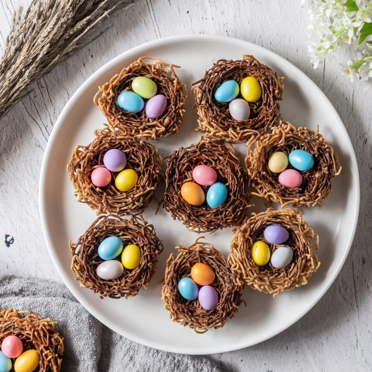 Bite-sized no bake birds nest cookies filled with pastel chocolate eggs arranged on baking sheet