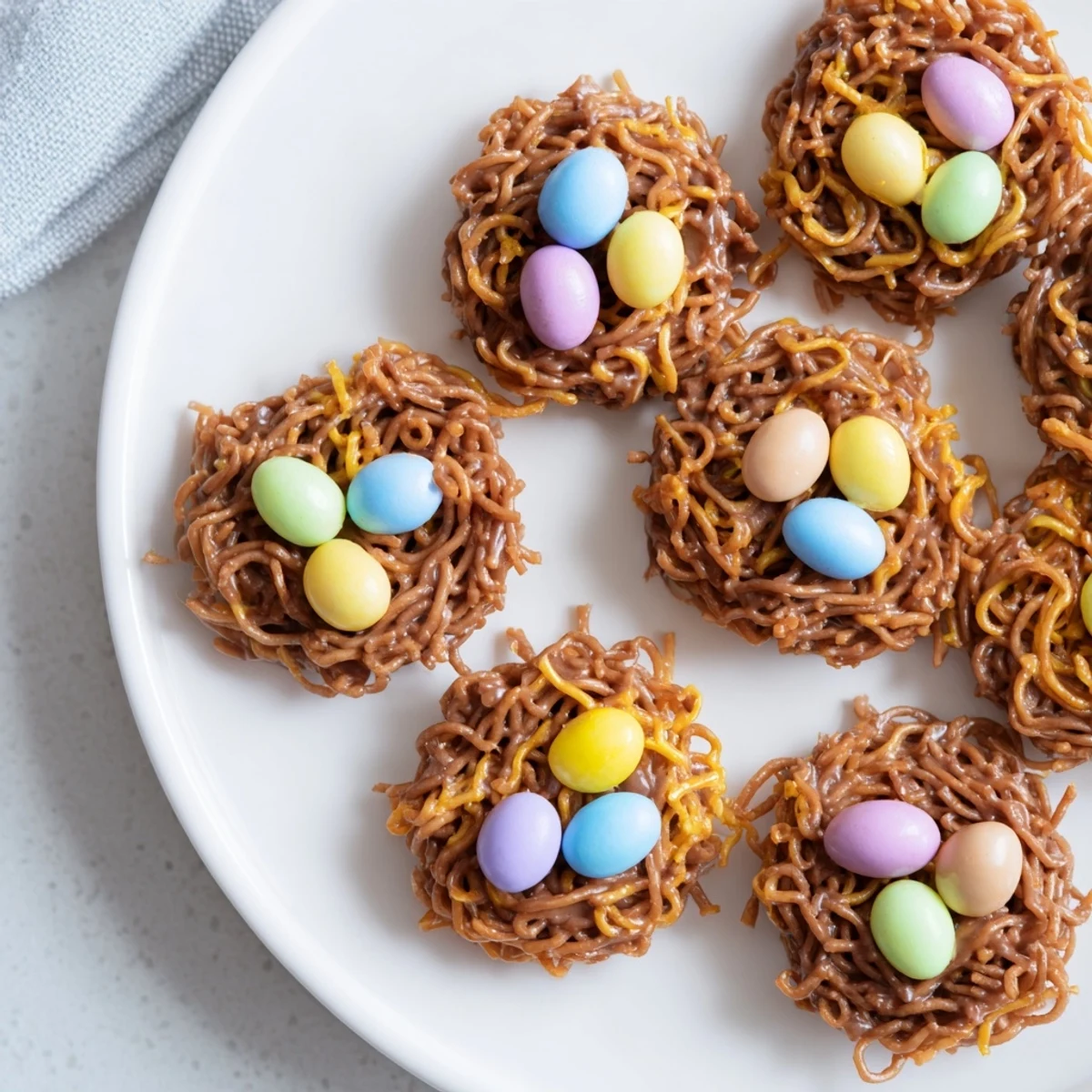 Rich chocolate peanut butter no bake birds nest cookies adorned with vibrant candy egg centers