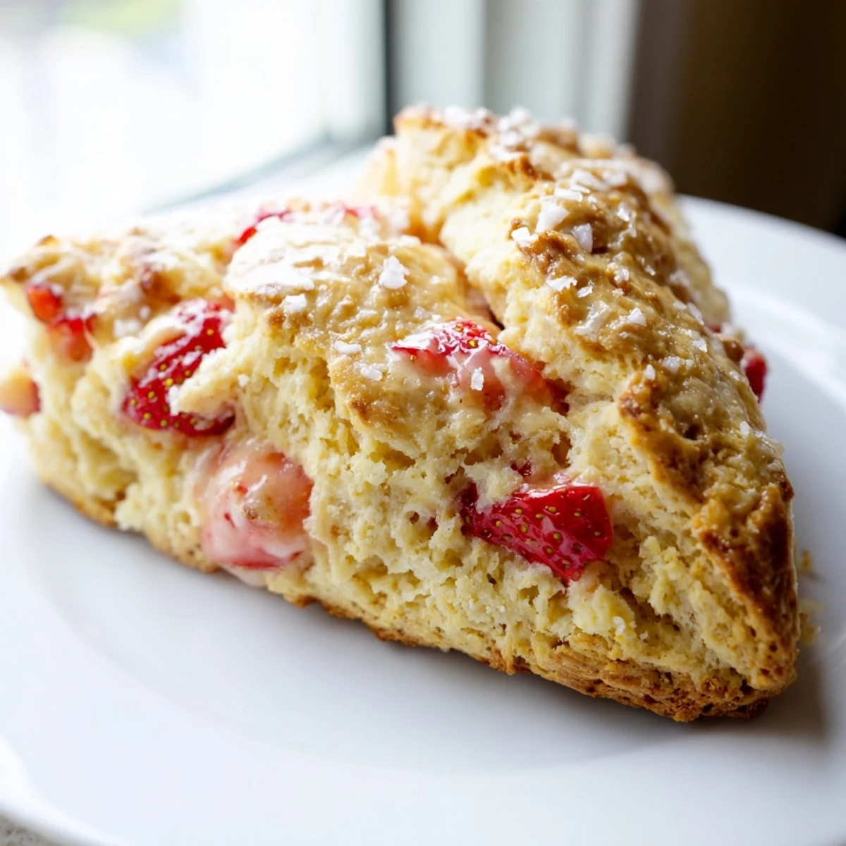 Tender flaky strawberries and cream scones brushed with cream and sprinkled with sparkling sugar