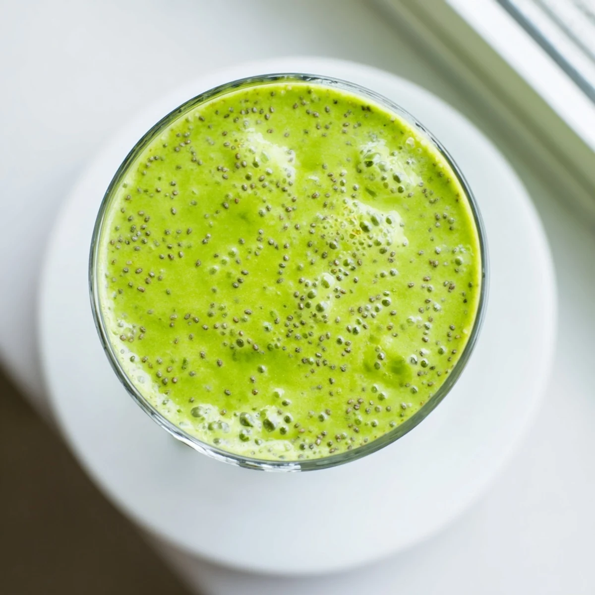 Creamy energizing banana matcha smoothie in a glass with vibrant green color and frothy texture