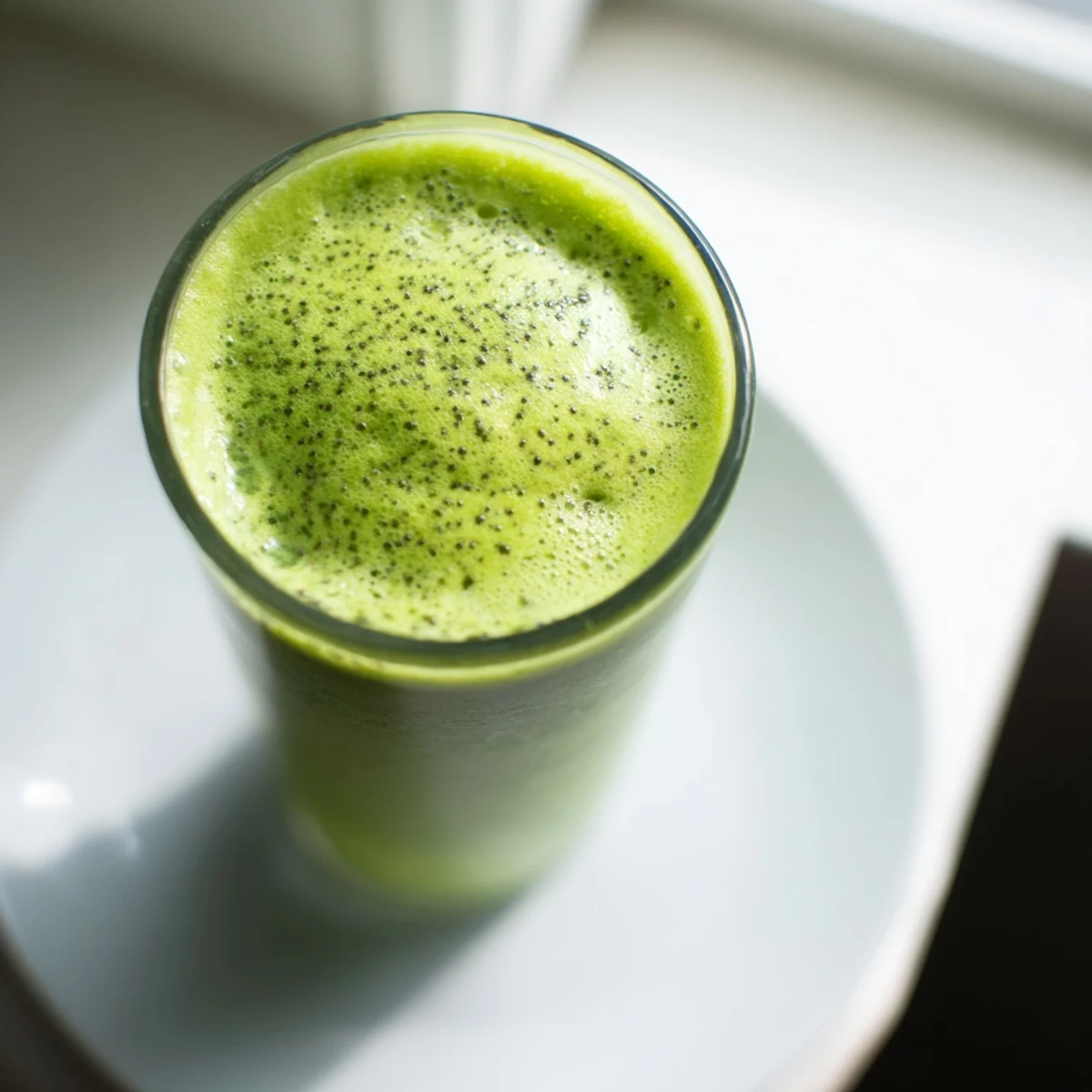 Fresh blended energizing banana matcha smoothie showcasing smooth consistency with a spoon beside the glass