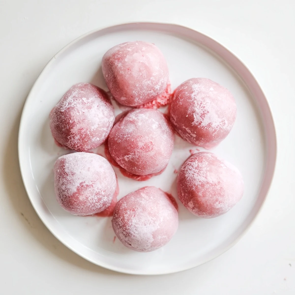 Soft pink vegan strawberry mochi ice cream balls resting in white cupcake liners on a wooden board