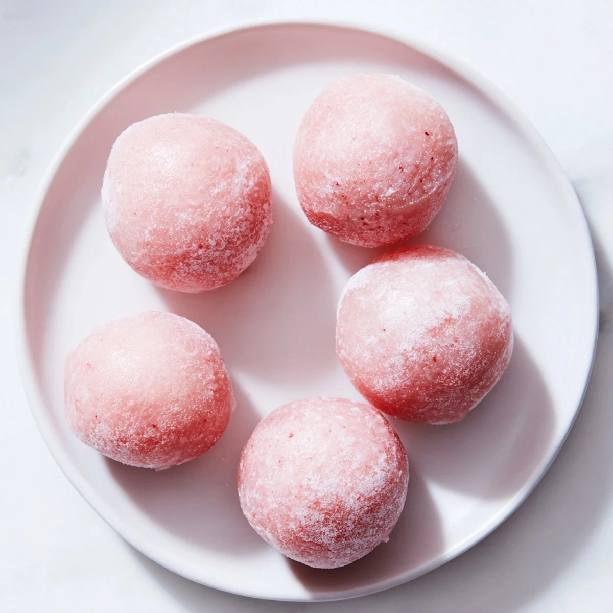 Chewy glutinous rice dough wraps around creamy dairy-free strawberry ice cream in this Japanese dessert
