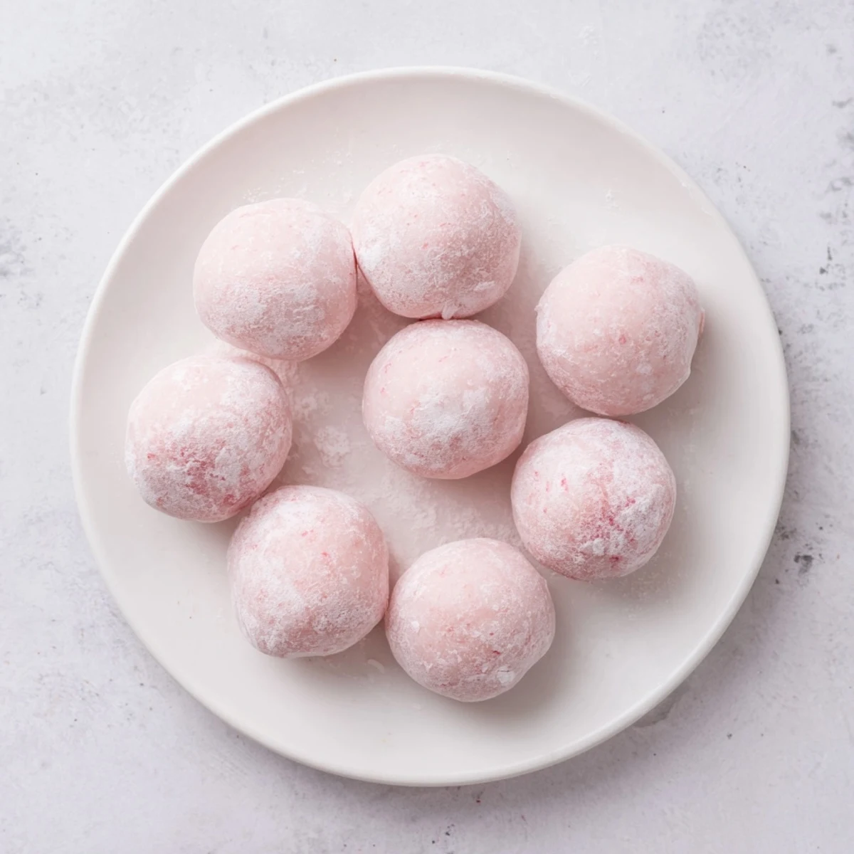 Plump vegan strawberry mochi ice cream treats with smooth coconut centers dusted lightly with white starch