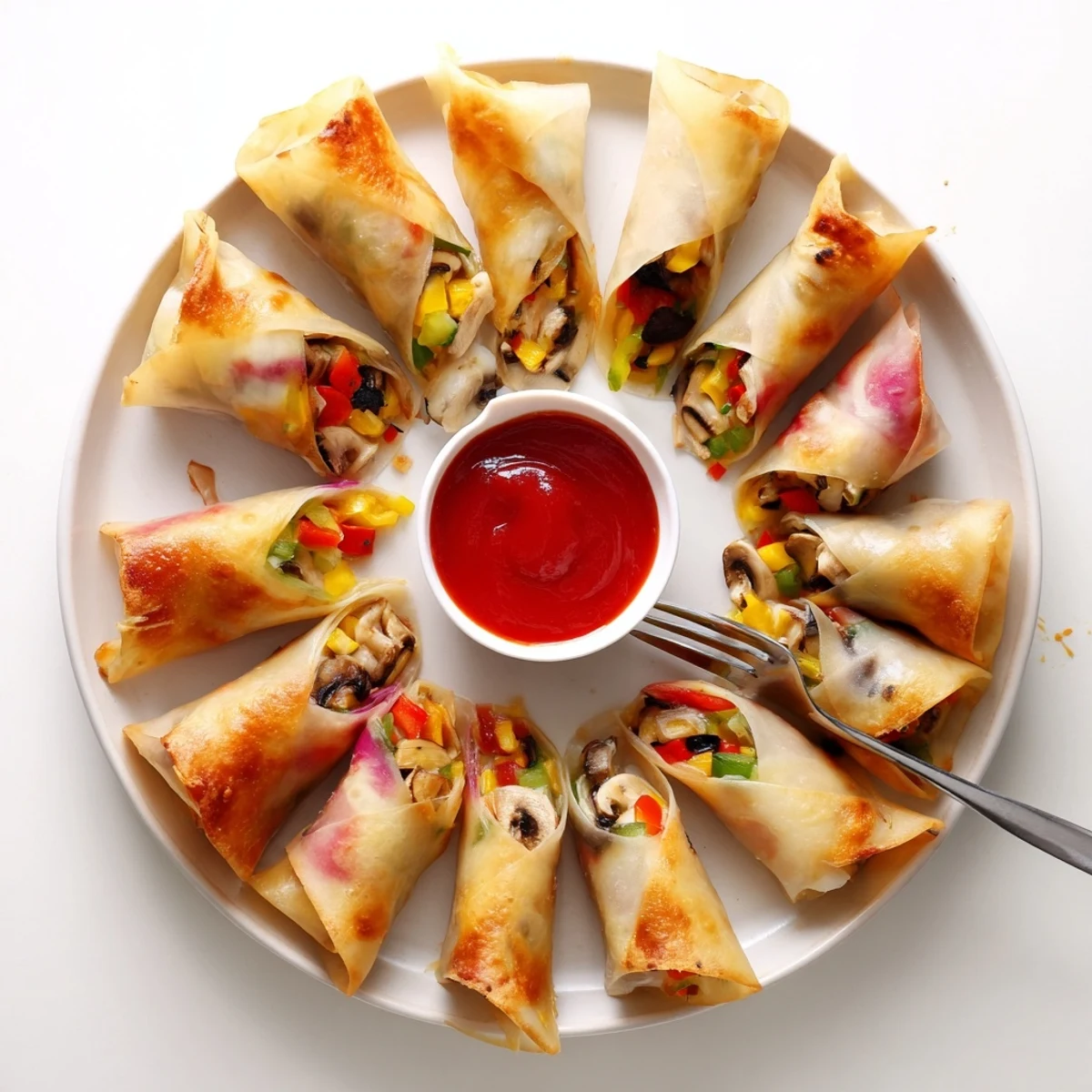 Golden pan-fried rice paper pizza rolls filled with melted mozzarella and colorful vegetables