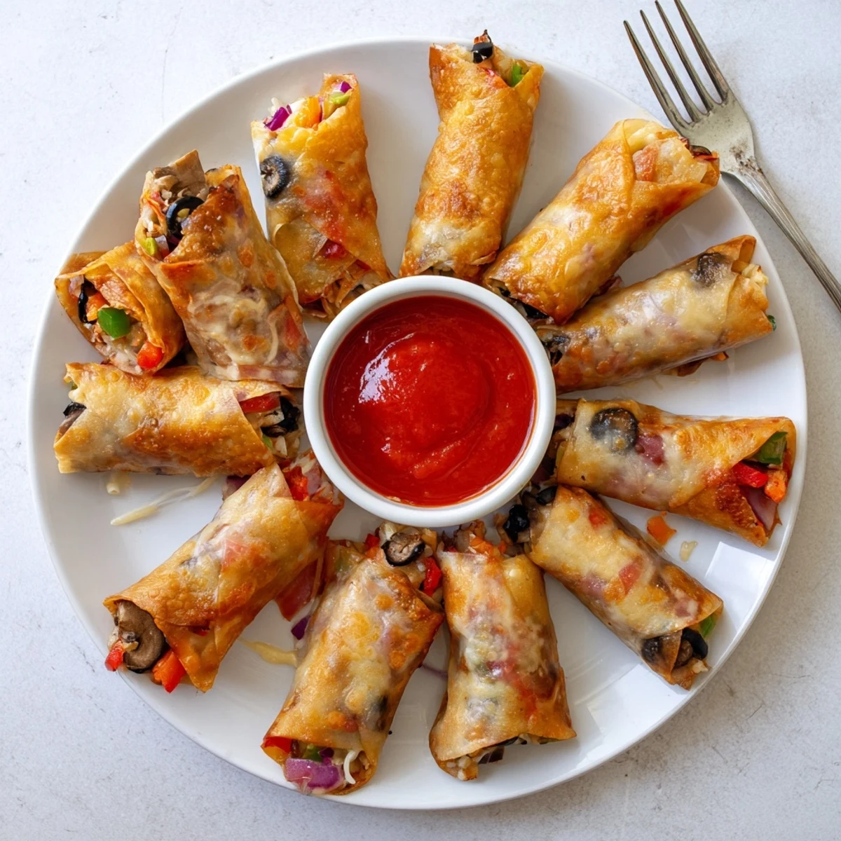 Crispy rice paper pizza rolls with savory pizza toppings ready for dipping in marinara