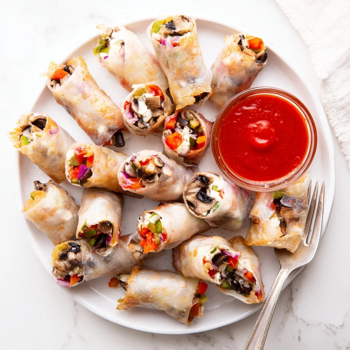 Freshly cooked rice paper pizza rolls featuring pepper and mushrooms on a serving platter