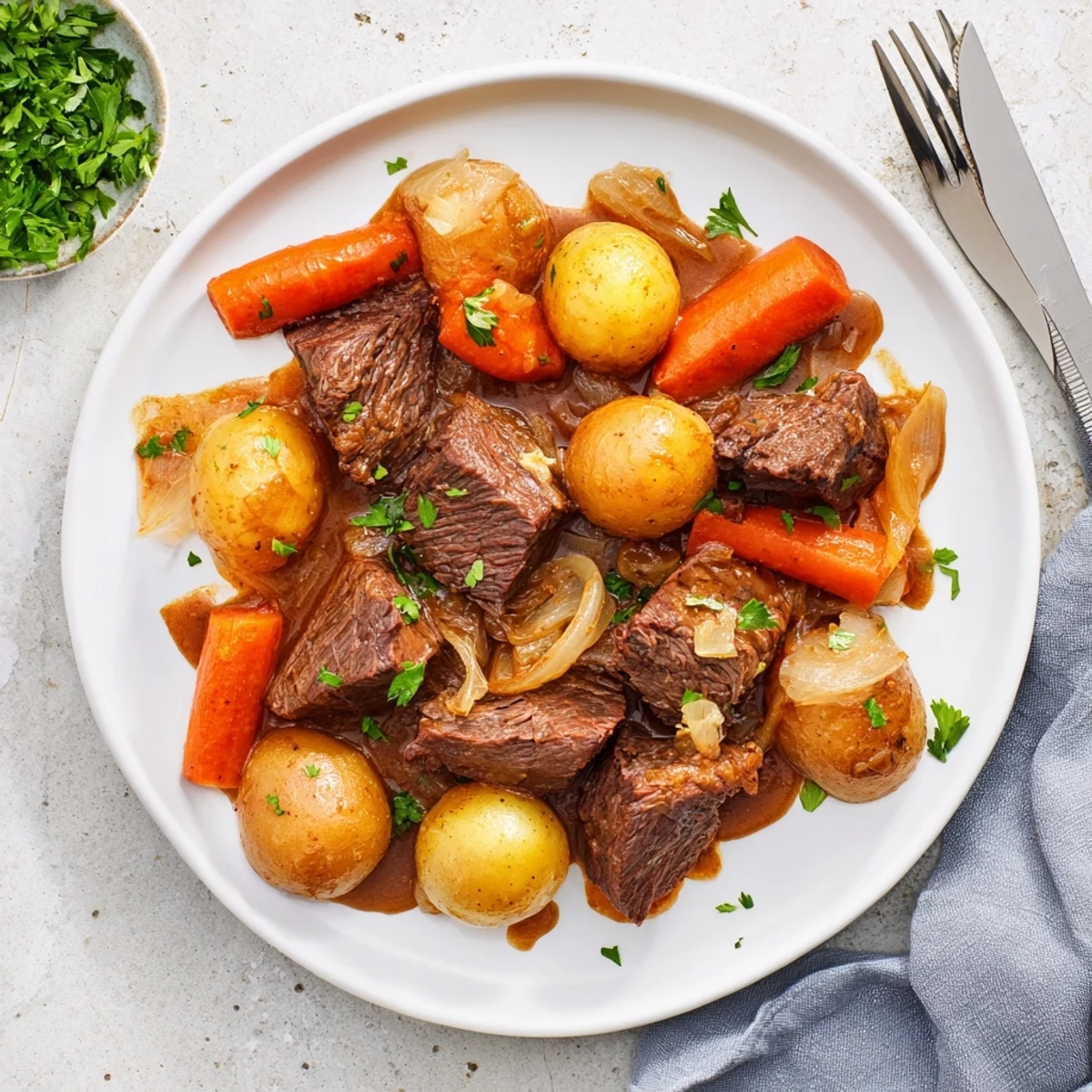 Savory beef chuck roast braised in French onion soup until fork-tender with vegetables