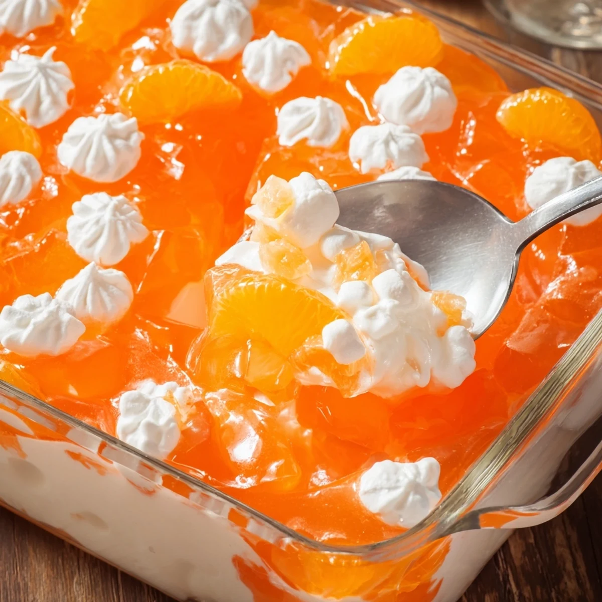 Golden orange gelatin salad dotted with mandarin oranges and topped with fluffy white cream layer