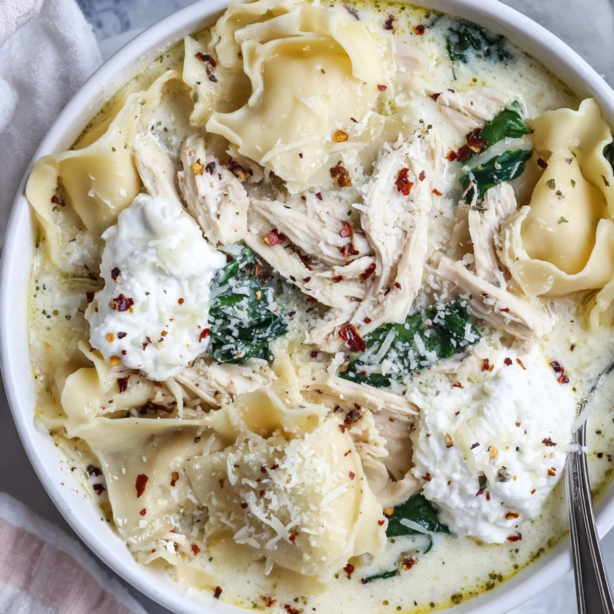 Creamy white lasagna soup filled with tender chicken, spinach, and melted mozzarella in a savory Parmesan broth