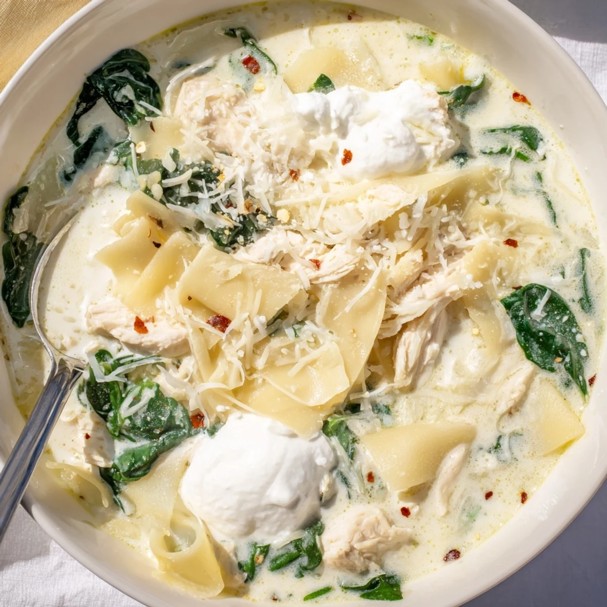 Rustic bowl of white lasagna soup featuring broken lasagna noodles swimming with shredded chicken and wilted spinach