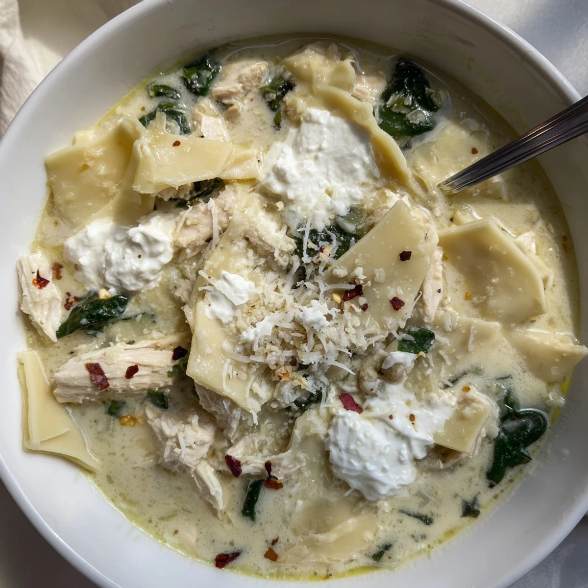 Spoon lifting rich white lasagna soup with ricotta, chicken, and pasta garnished with fresh parsley and Parmesan