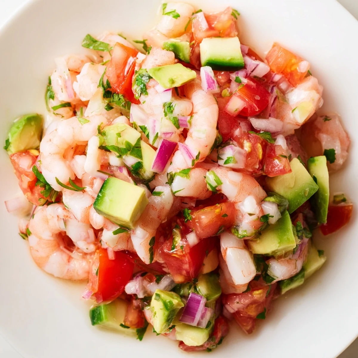 Fresh easy shrimp ceviche bowl with vibrant diced vegetables and avocado served chilled