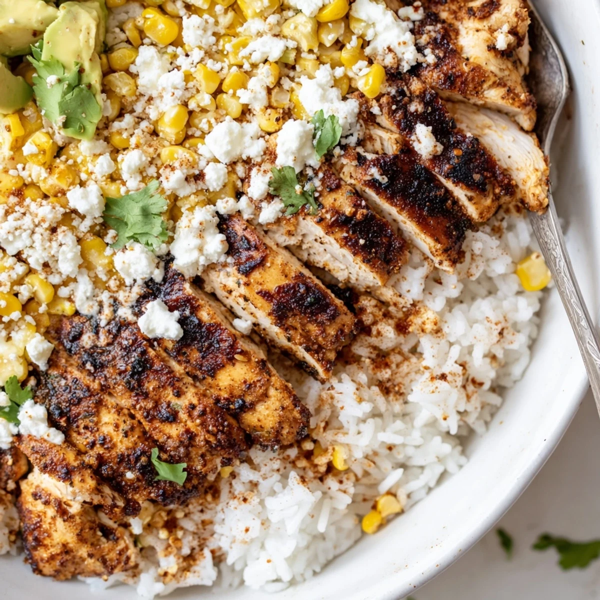 Golden street corn chicken rice bowl topped with creamy sauce and fresh cilantro