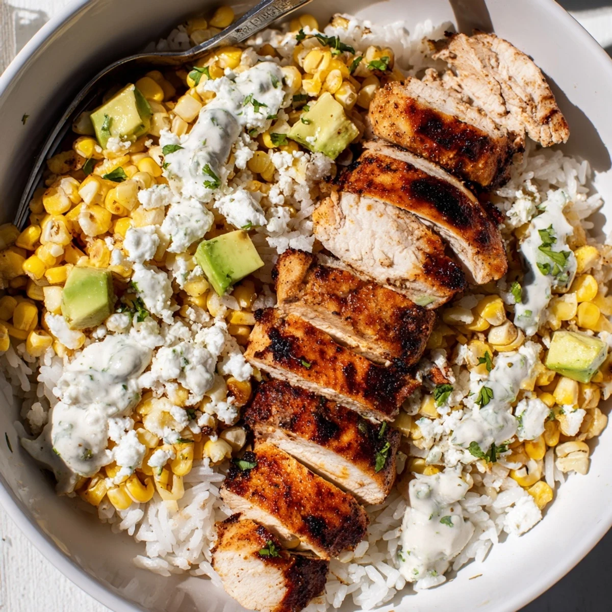 Vibrant Mexican-inspired bowl featuring grilled chicken street corn mixture and creamy lime dressing