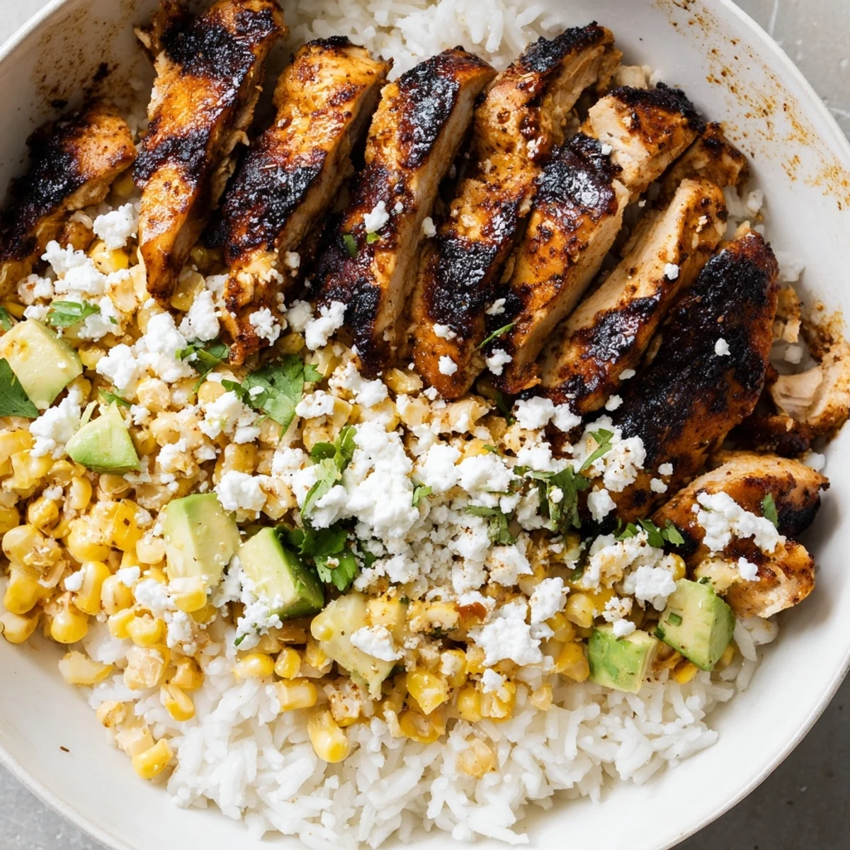 Juicy spiced chicken served over rice with charred corn and tangy cotija cheese