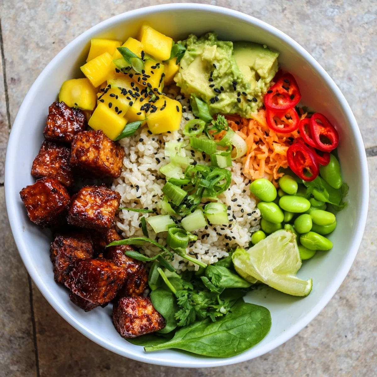 Fresh Hawaiian style avocado mango poke salad featuring creamy avocado and sweet mango